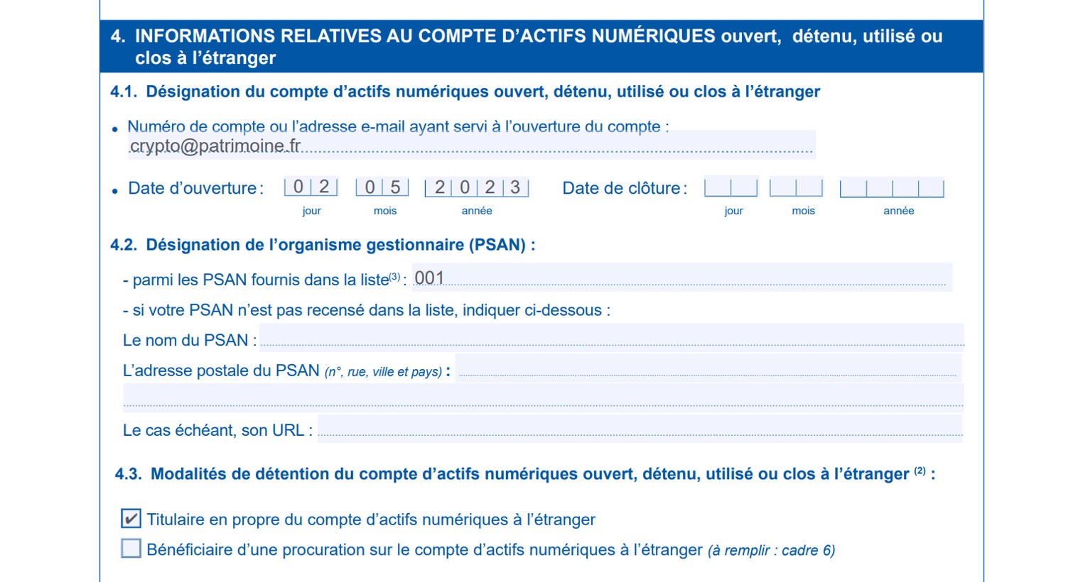 Déclaration de compte crypto : 4. Informations relatives au comptes d'actifs numériques